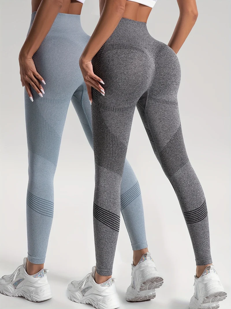 Leggings Sportivi Da Yoga Per Fitness Ad Alta Elasticità In Tinta Unita Da 2 Pezzi, Pantaloni Attillati Da Yoga Traspiranti Morbidi, Abbigliamento Sportivo Da Donna