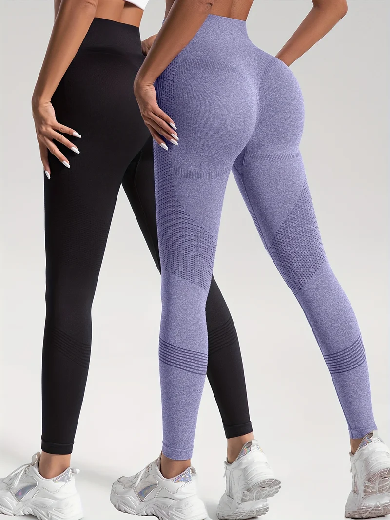 Leggings Sportivi Da Yoga Per Fitness Ad Alta Elasticità In Tinta Unita Da 2 Pezzi, Pantaloni Attillati Da Yoga Traspiranti Morbidi, Abbigliamento Sportivo Da Donna