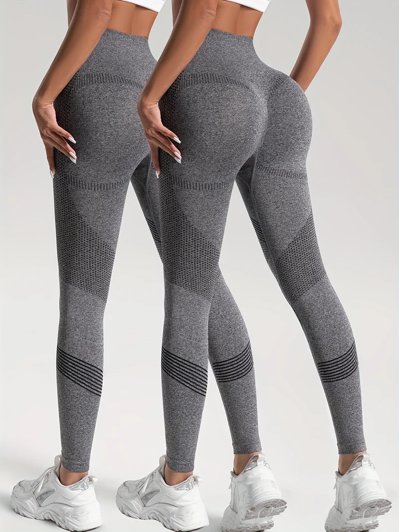 Leggings Sportivi Da Yoga Per Fitness Ad Alta Elasticità In Tinta Unita Da 2 Pezzi, Pantaloni Attillati Da Yoga Traspiranti Morbidi, Abbigliamento Sportivo Da Donna