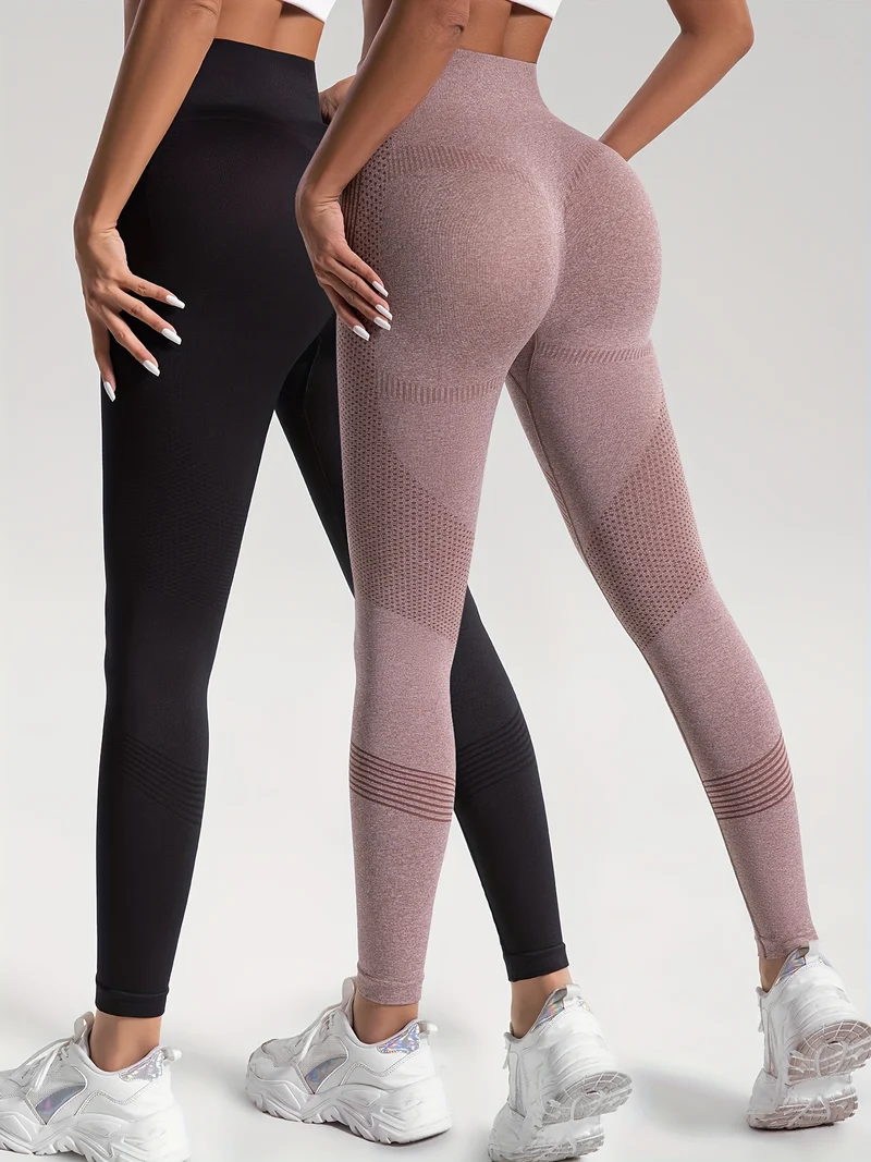 Leggings Sportivi Da Yoga Per Fitness Ad Alta Elasticità In Tinta Unita Da 2 Pezzi, Pantaloni Attillati Da Yoga Traspiranti Morbidi, Abbigliamento Sportivo Da Donna