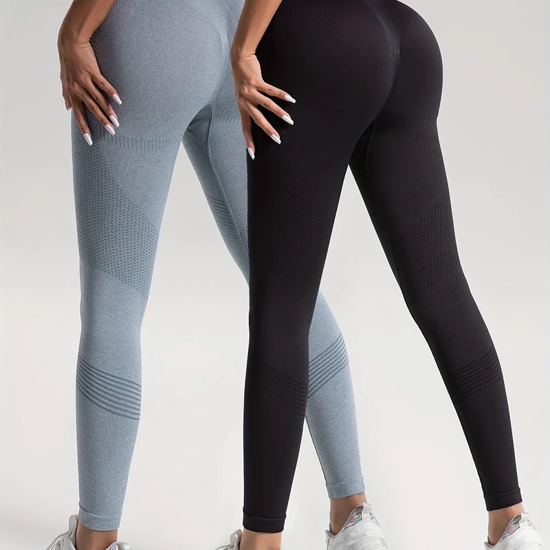 Leggings Sportivi Da Yoga Per Fitness Ad Alta Elasticità In Tinta Unita Da 2 Pezzi, Pantaloni Attillati Da Yoga Traspiranti Morbidi, Abbigliamento Sportivo Da Donna
