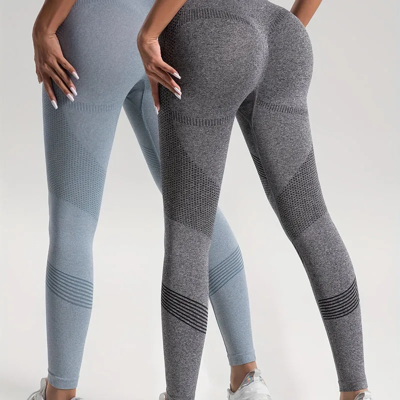 Leggings Sportivi Da Yoga Per Fitness Ad Alta Elasticità In Tinta Unita Da 2 Pezzi, Pantaloni Attillati Da Yoga Traspiranti Morbidi, Abbigliamento Sportivo Da Donna