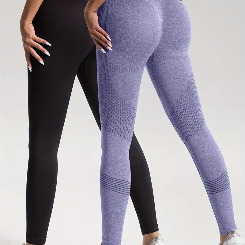 Leggings Sportivi Da Yoga Per Fitness Ad Alta Elasticità In Tinta Unita Da 2 Pezzi, Pantaloni Attillati Da Yoga Traspiranti Morbidi, Abbigliamento Sportivo Da Donna