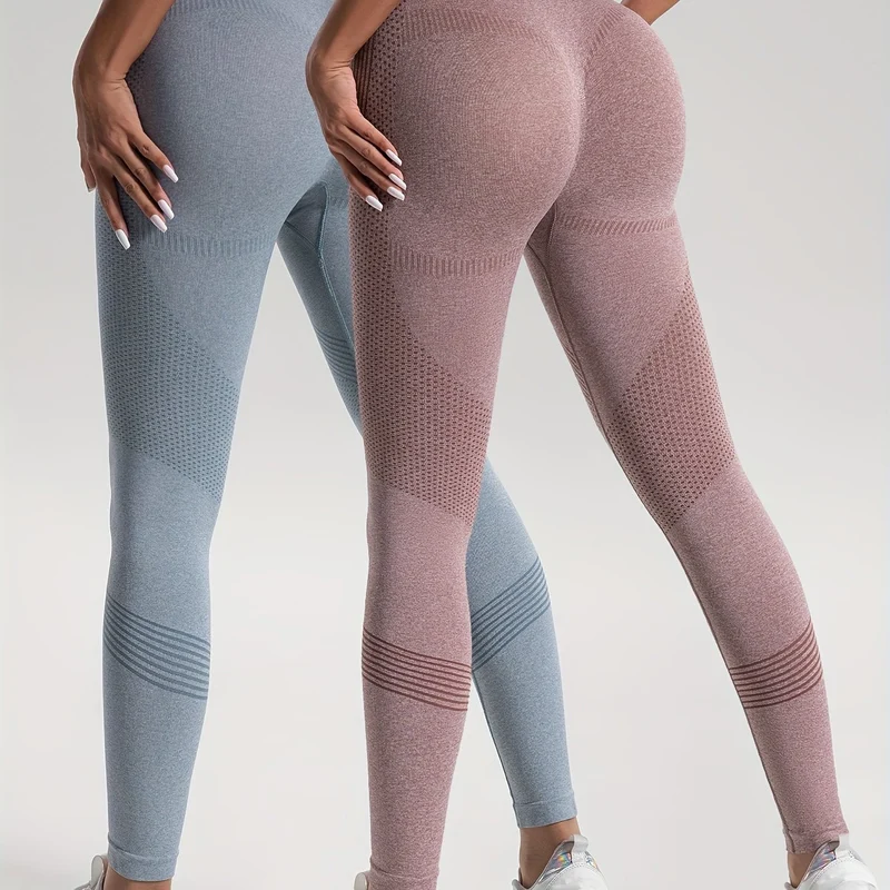 Leggings Sportivi Da Yoga Per Fitness Ad Alta Elasticità In Tinta Unita Da 2 Pezzi, Pantaloni Attillati Da Yoga Traspiranti Morbidi, Abbigliamento Sportivo Da Donna