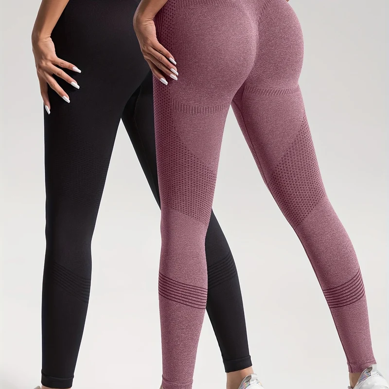Leggings Sportivi Da Yoga Per Fitness Ad Alta Elasticità In Tinta Unita Da 2 Pezzi, Pantaloni Attillati Da Yoga Traspiranti Morbidi, Abbigliamento Sportivo Da Donna