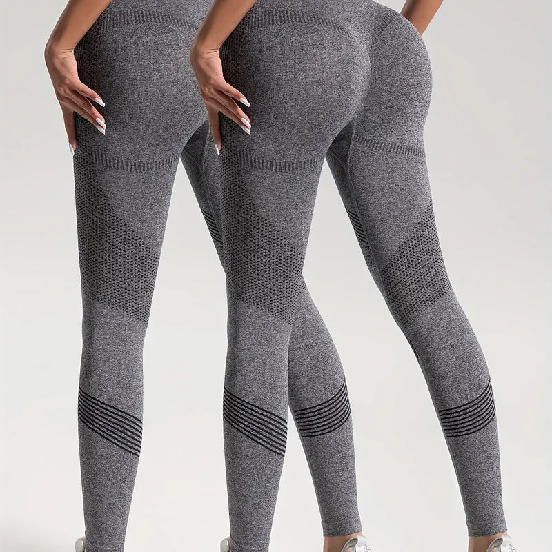 Leggings Sportivi Da Yoga Per Fitness Ad Alta Elasticità In Tinta Unita Da 2 Pezzi, Pantaloni Attillati Da Yoga Traspiranti Morbidi, Abbigliamento Sportivo Da Donna
