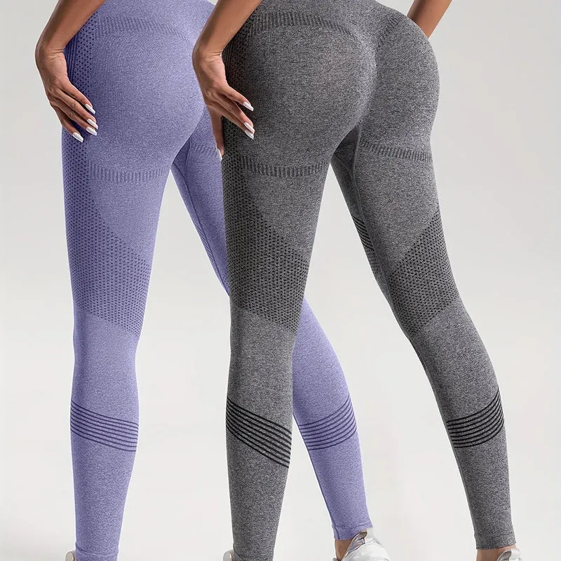 Leggings Sportivi Da Yoga Per Fitness Ad Alta Elasticità In Tinta Unita Da 2 Pezzi, Pantaloni Attillati Da Yoga Traspiranti Morbidi, Abbigliamento Sportivo Da Donna