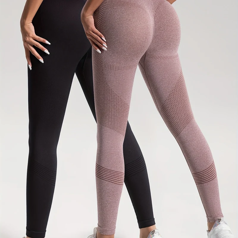 Leggings Sportivi Da Yoga Per Fitness Ad Alta Elasticità In Tinta Unita Da 2 Pezzi, Pantaloni Attillati Da Yoga Traspiranti Morbidi, Abbigliamento Sportivo Da Donna