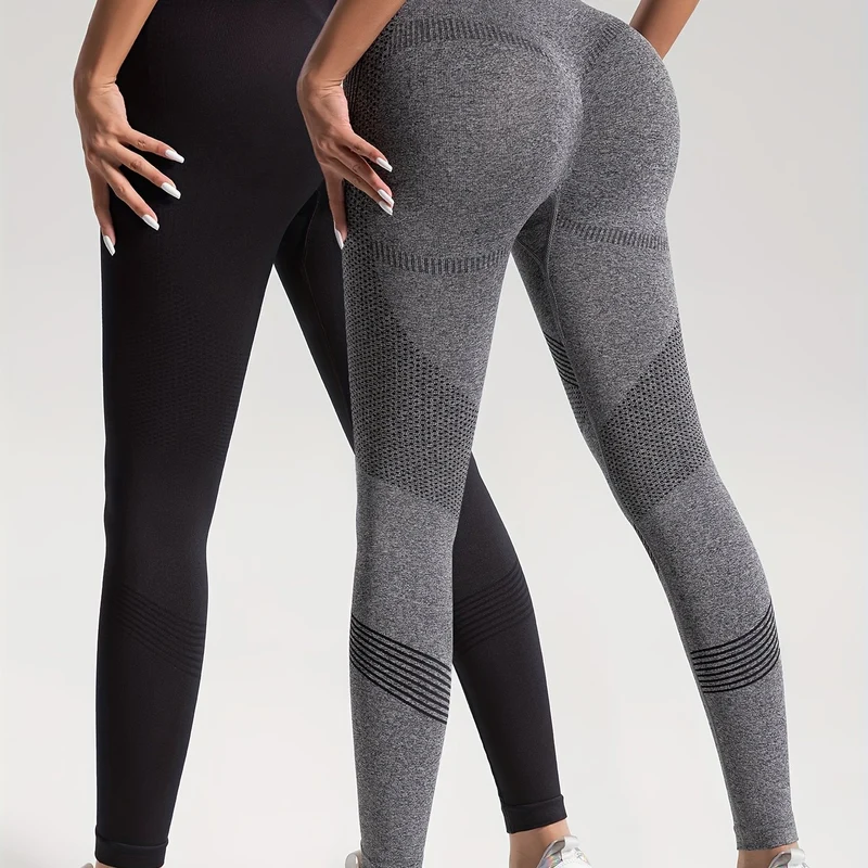 Leggings Sportivi Da Yoga Per Fitness Ad Alta Elasticità In Tinta Unita Da 2 Pezzi, Pantaloni Attillati Da Yoga Traspiranti Morbidi, Abbigliamento Sportivo Da Donna