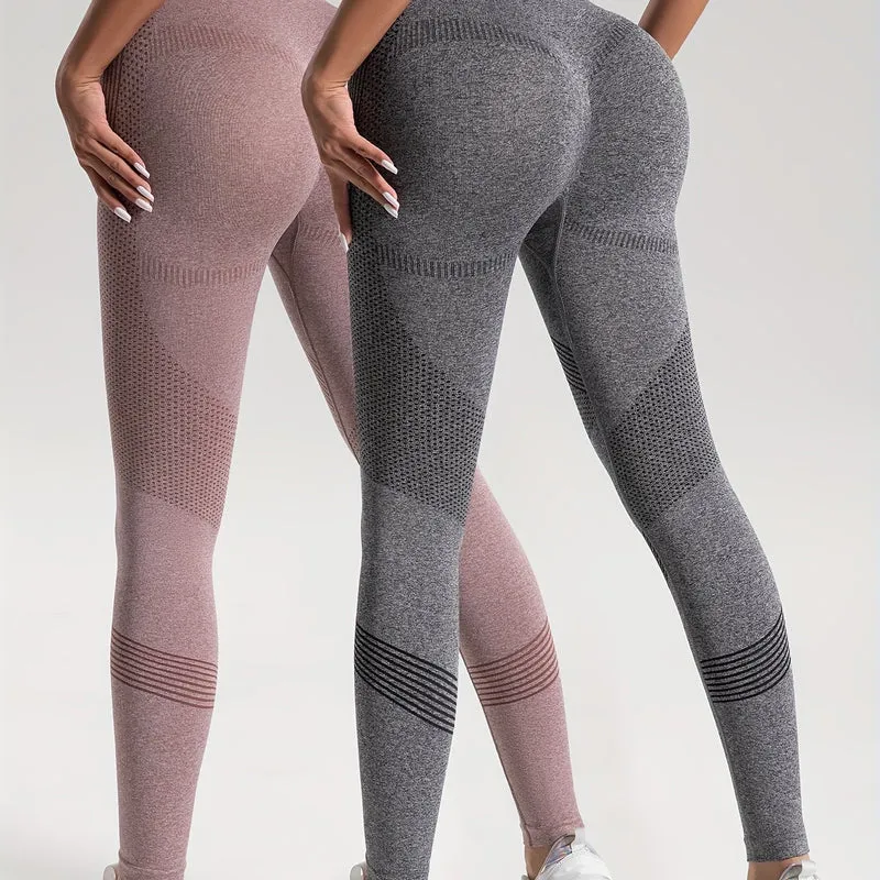 Leggings Sportivi Da Yoga Per Fitness Ad Alta Elasticità In Tinta Unita Da 2 Pezzi, Pantaloni Attillati Da Yoga Traspiranti Morbidi, Abbigliamento Sportivo Da Donna