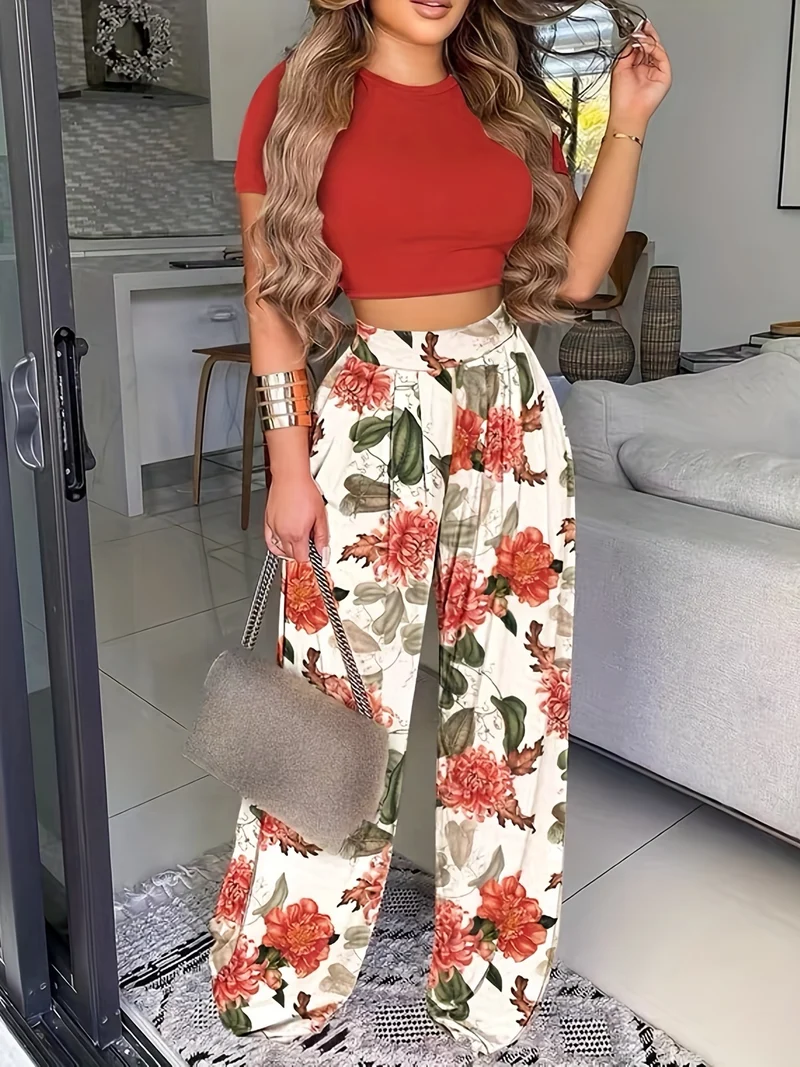 Set due pezzi estivo Boho, Maglietta a maniche corte tinta unita e pantaloni a vita alta con stampa floreale, abbigliamento donna