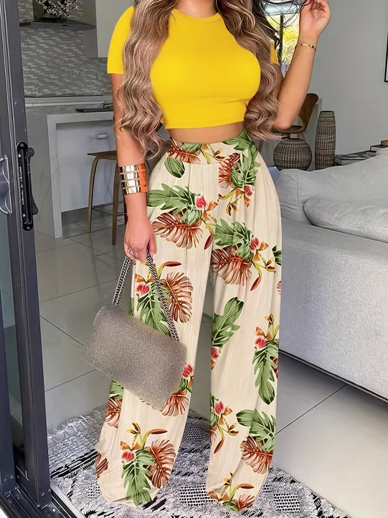 Set due pezzi estivo Boho, Maglietta a maniche corte tinta unita e pantaloni a vita alta con stampa floreale, abbigliamento donna