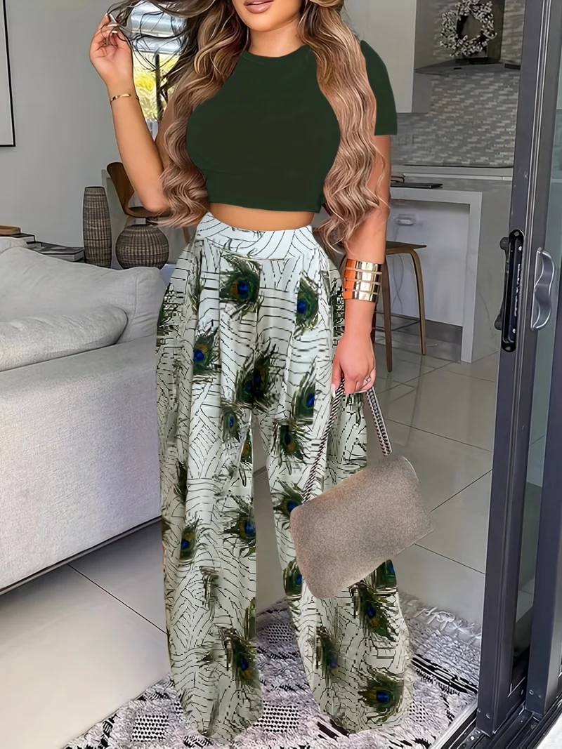 Set due pezzi estivo Boho, Maglietta a maniche corte tinta unita e pantaloni a vita alta con stampa floreale, abbigliamento donna