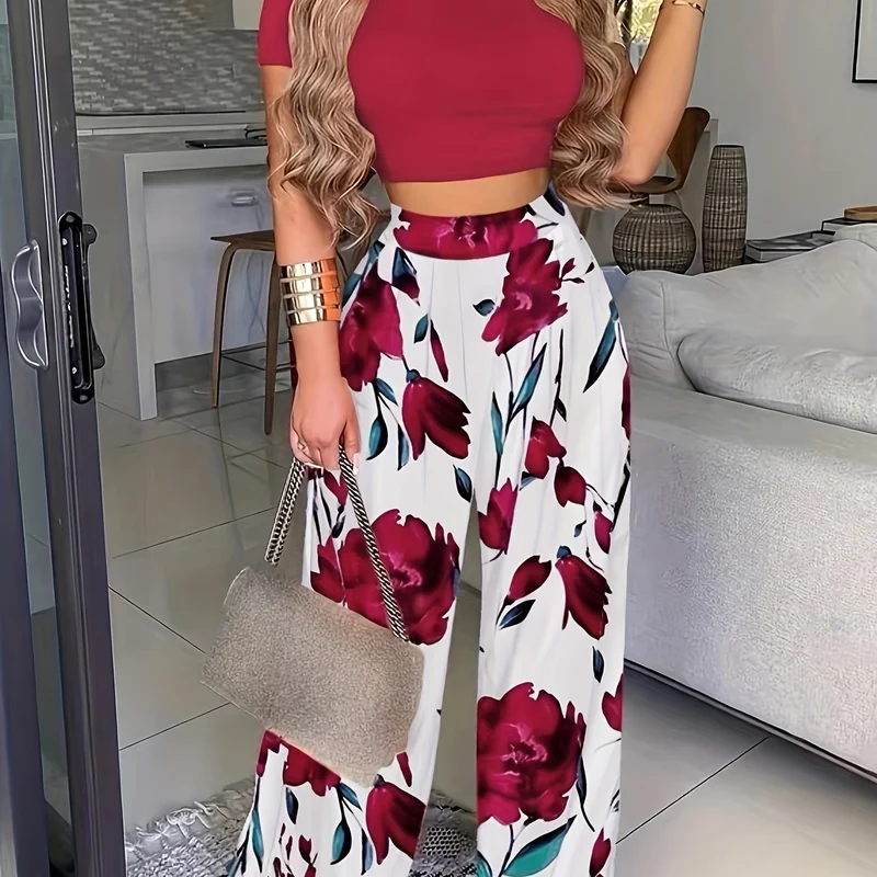 Set due pezzi estivo Boho, Maglietta a maniche corte tinta unita e pantaloni a vita alta con stampa floreale, abbigliamento donna