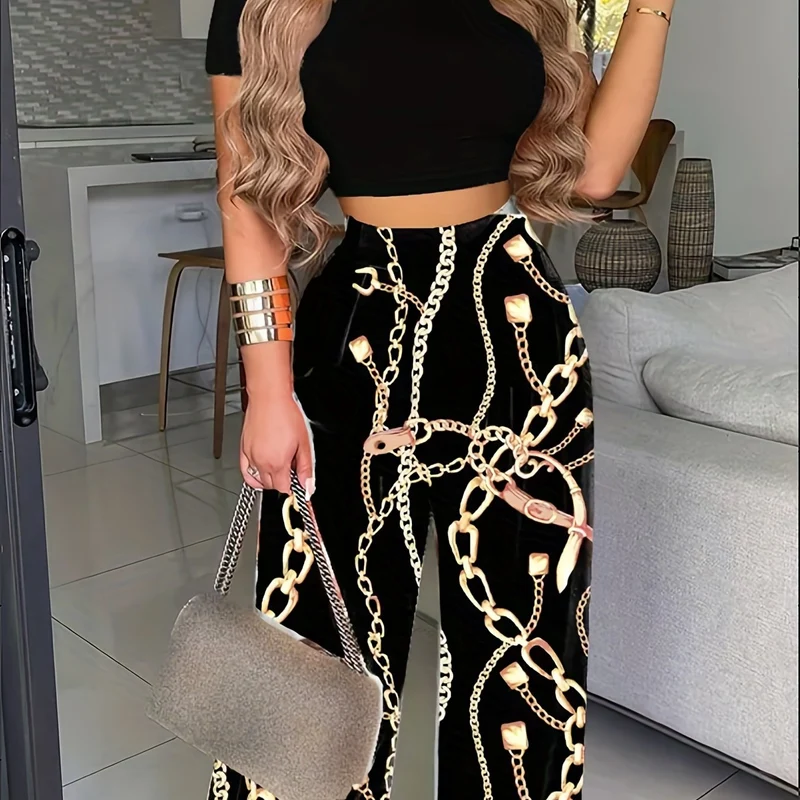 Set due pezzi estivo Boho, Maglietta a maniche corte tinta unita e pantaloni a vita alta con stampa floreale, abbigliamento donna