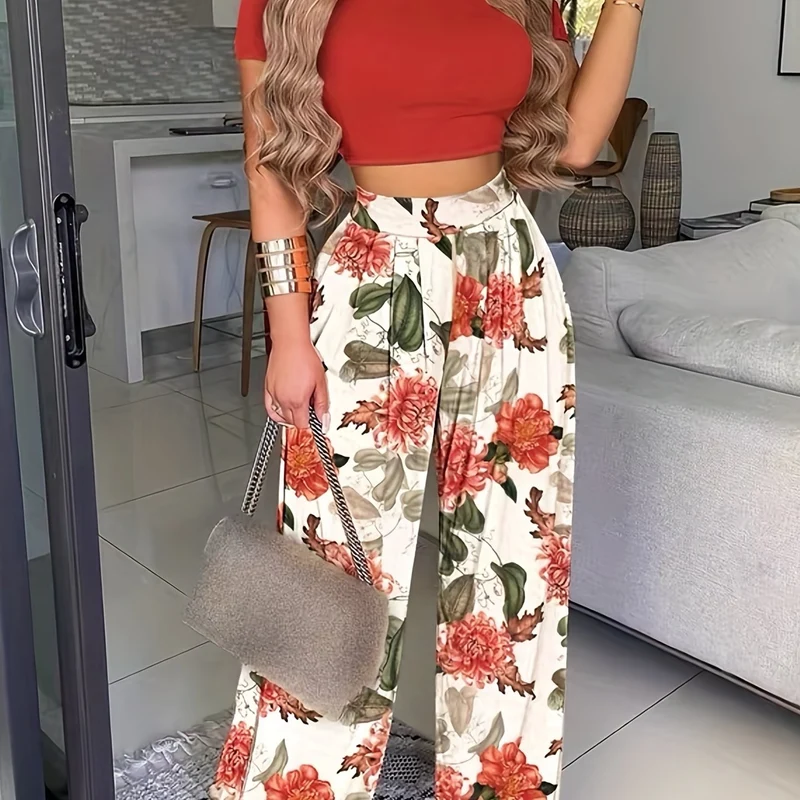 Set due pezzi estivo Boho, Maglietta a maniche corte tinta unita e pantaloni a vita alta con stampa floreale, abbigliamento donna