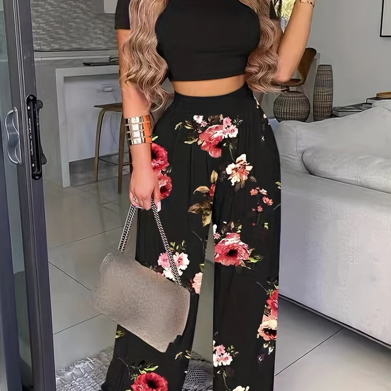 Set due pezzi estivo Boho, Maglietta a maniche corte tinta unita e pantaloni a vita alta con stampa floreale, abbigliamento donna