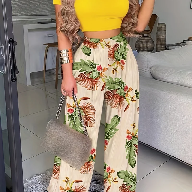 Set due pezzi estivo Boho, Maglietta a maniche corte tinta unita e pantaloni a vita alta con stampa floreale, abbigliamento donna