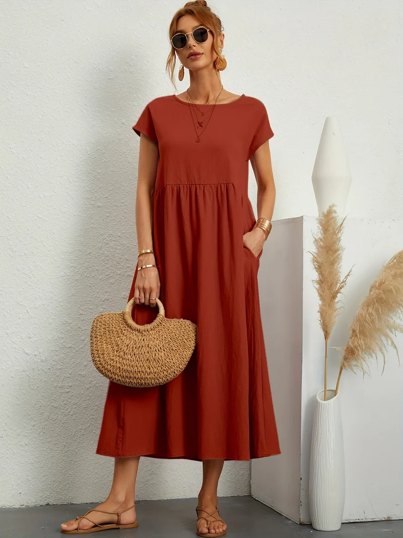 Vestito in tinta unita con tasche, vestito estivo casual a maniche corte con girocollo, abbigliamento donna
