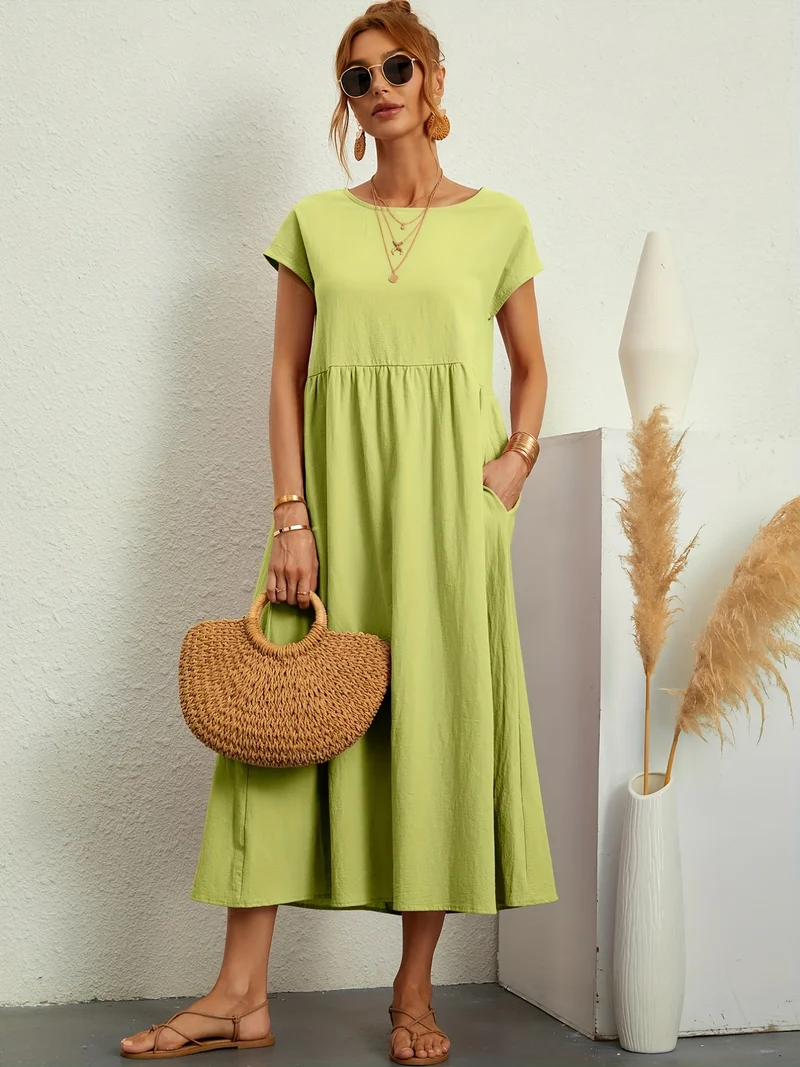 Vestito in tinta unita con tasche, vestito estivo casual a maniche corte con girocollo, abbigliamento donna