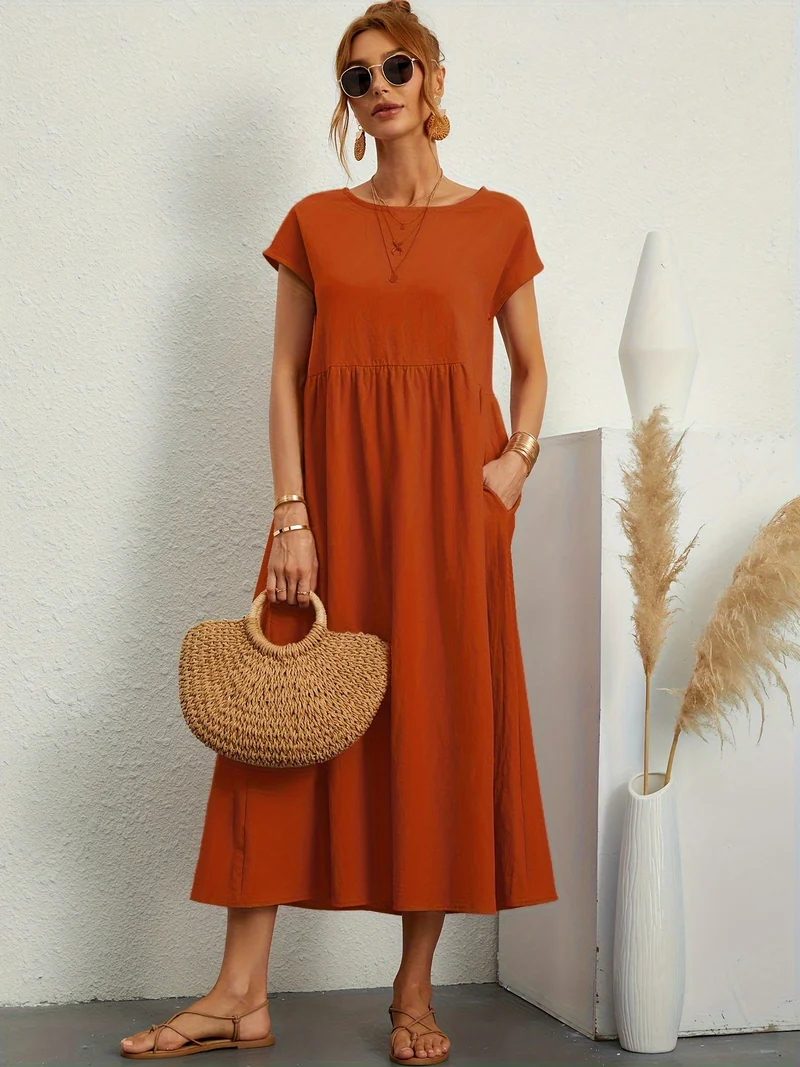 Vestito in tinta unita con tasche, vestito estivo casual a maniche corte con girocollo, abbigliamento donna