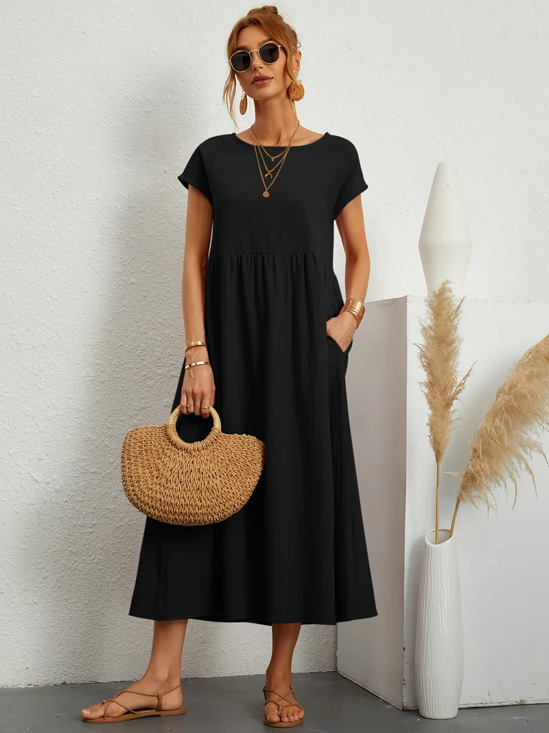 Vestito in tinta unita con tasche, vestito estivo casual a maniche corte con girocollo, abbigliamento donna