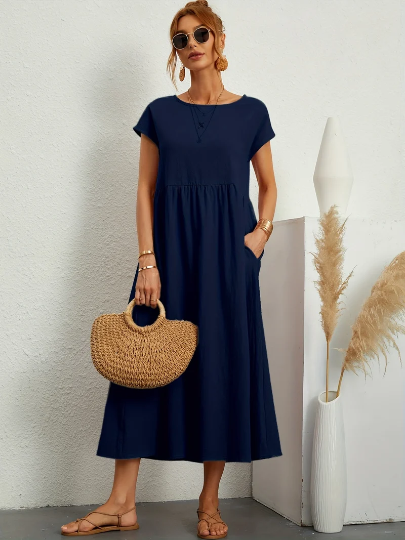 Vestito in tinta unita con tasche, vestito estivo casual a maniche corte con girocollo, abbigliamento donna