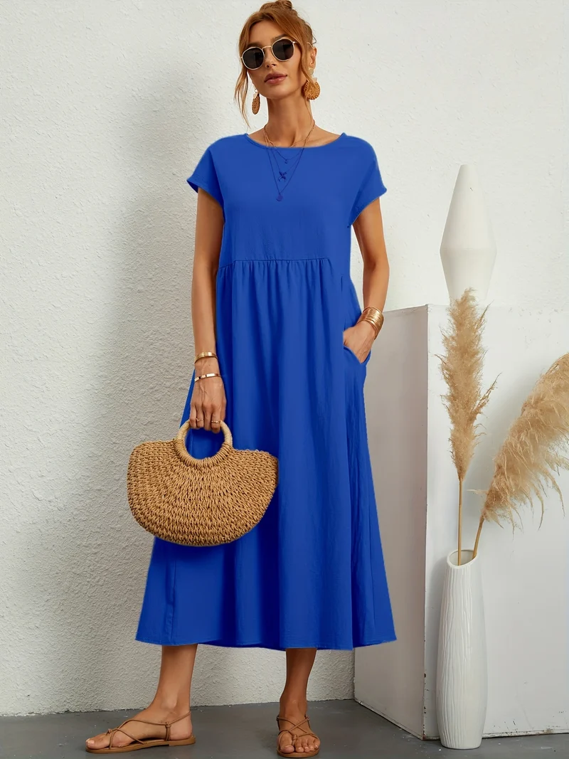Vestito in tinta unita con tasche, vestito estivo casual a maniche corte con girocollo, abbigliamento donna