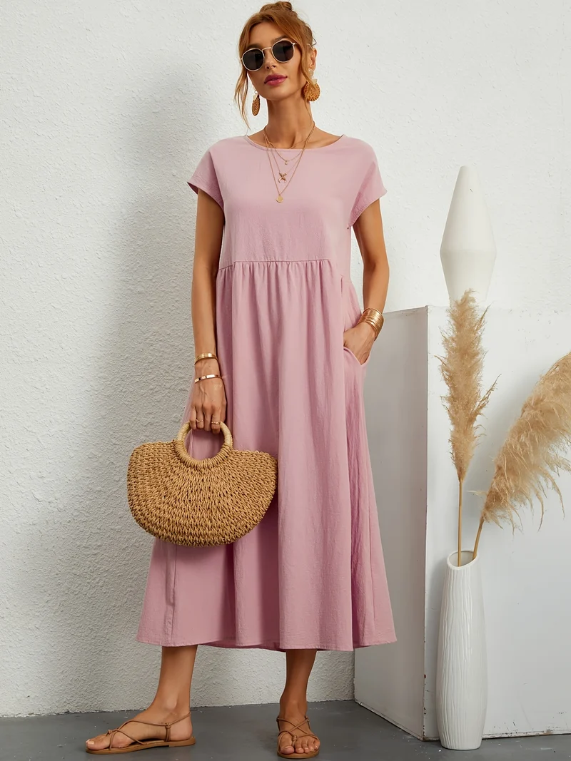 Vestito in tinta unita con tasche, vestito estivo casual a maniche corte con girocollo, abbigliamento donna