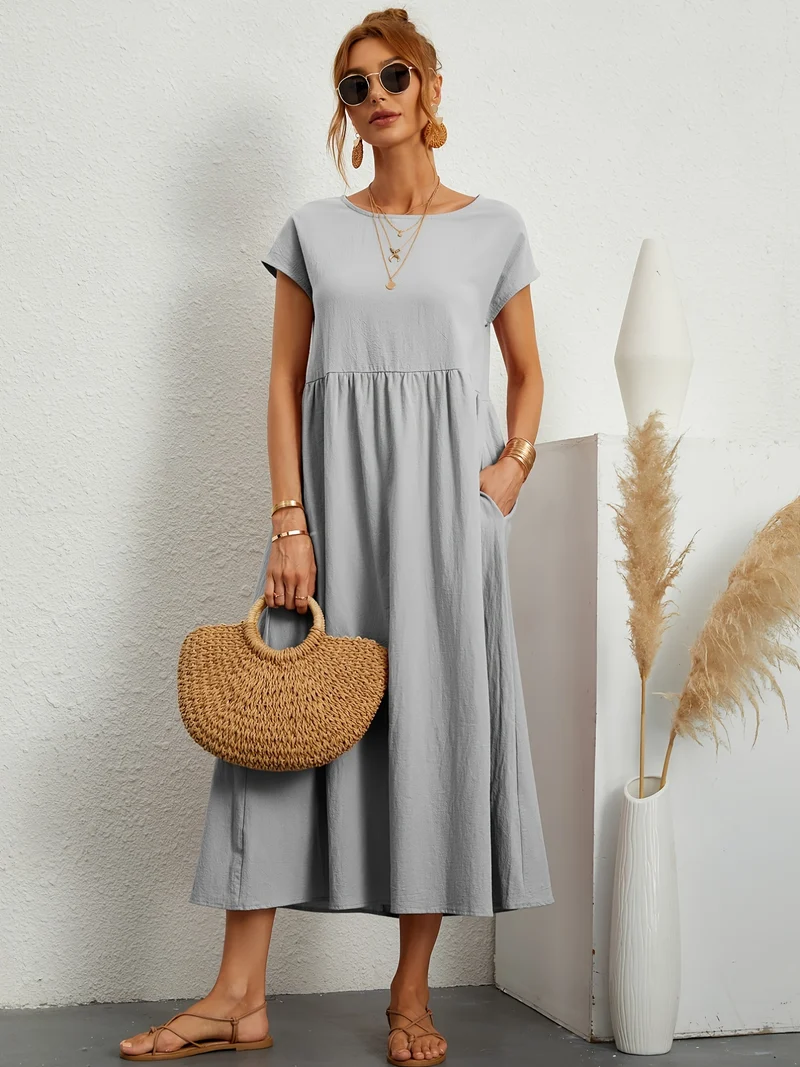 Vestito in tinta unita con tasche, vestito estivo casual a maniche corte con girocollo, abbigliamento donna
