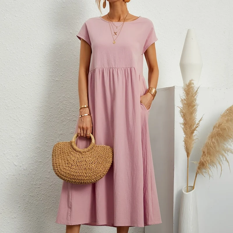 Vestito in tinta unita con tasche, vestito estivo casual a maniche corte con girocollo, abbigliamento donna