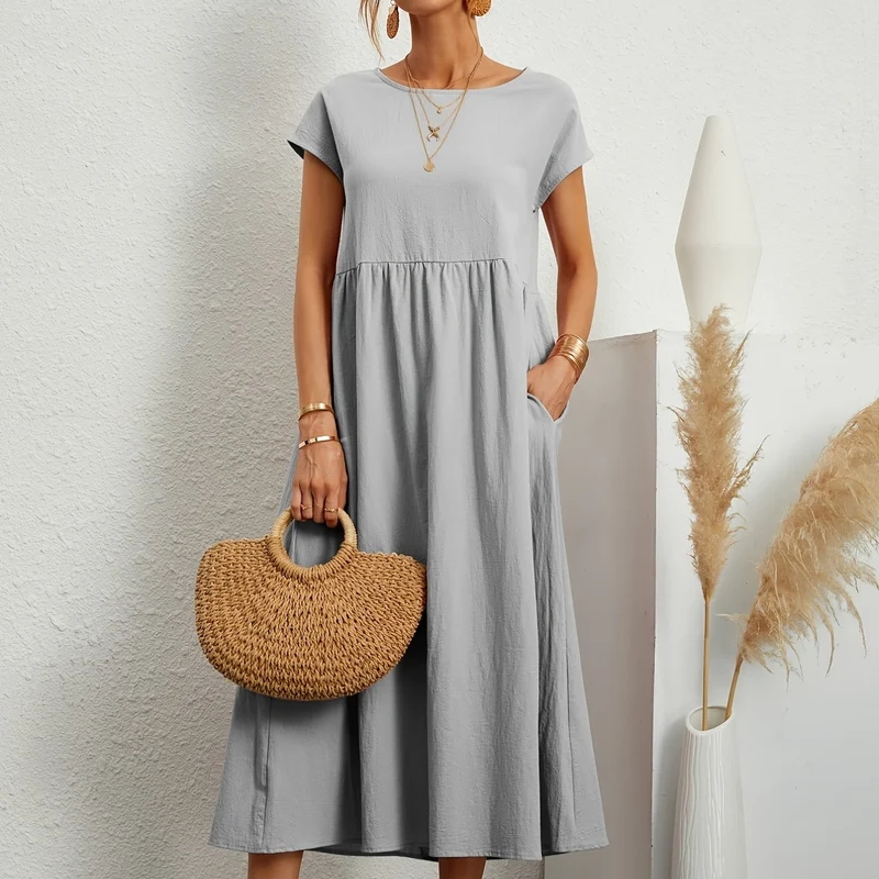 Vestito in tinta unita con tasche, vestito estivo casual a maniche corte con girocollo, abbigliamento donna