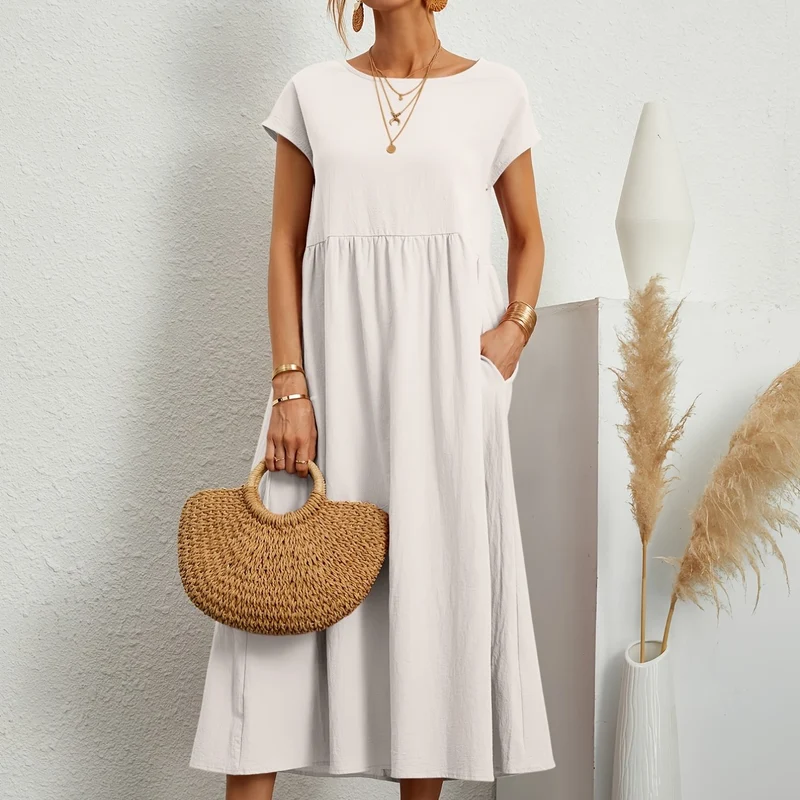 Vestito in tinta unita con tasche, vestito estivo casual a maniche corte con girocollo, abbigliamento donna