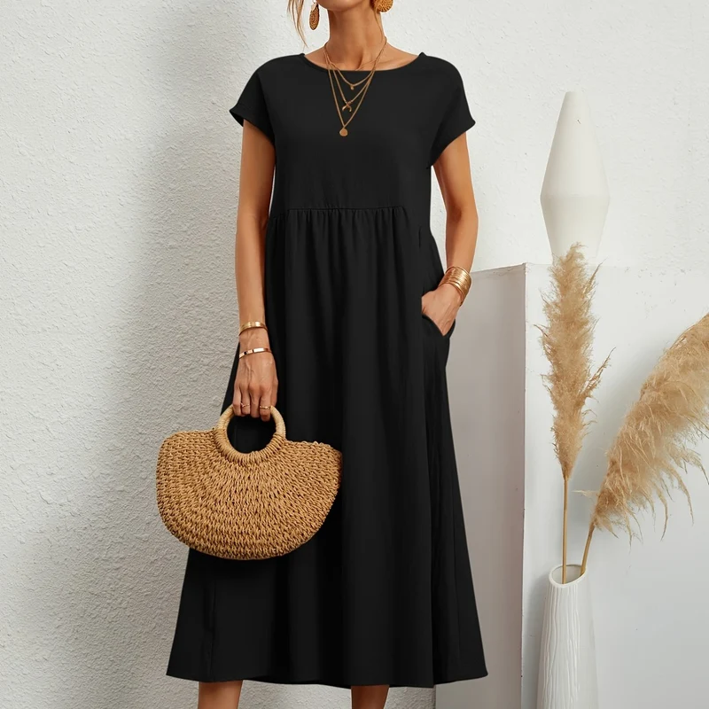 Vestito in tinta unita con tasche, vestito estivo casual a maniche corte con girocollo, abbigliamento donna