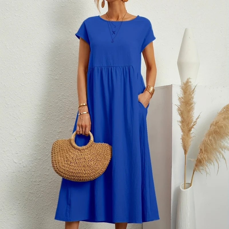 Vestito in tinta unita con tasche, vestito estivo casual a maniche corte con girocollo, abbigliamento donna