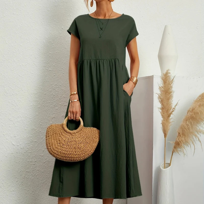 Vestito in tinta unita con tasche, vestito estivo casual a maniche corte con girocollo, abbigliamento donna