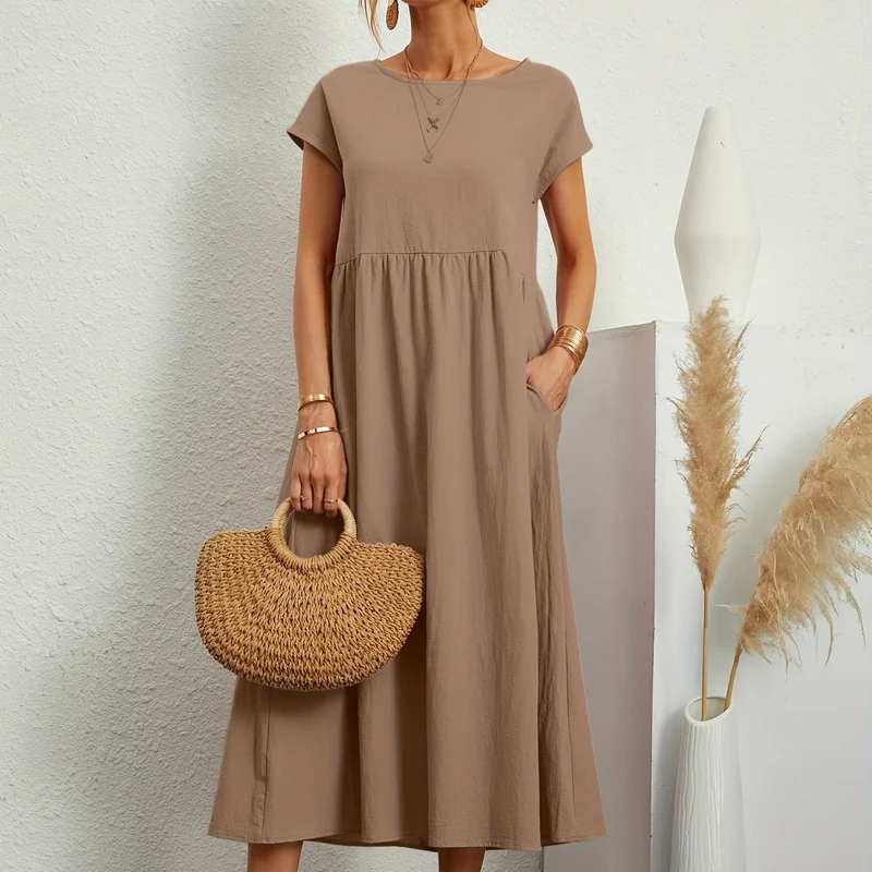Vestito in tinta unita con tasche, vestito estivo casual a maniche corte con girocollo, abbigliamento donna