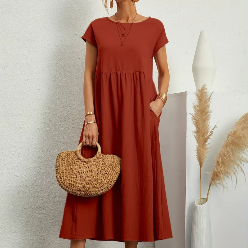 Vestito in tinta unita con tasche, vestito estivo casual a maniche corte con girocollo, abbigliamento donna