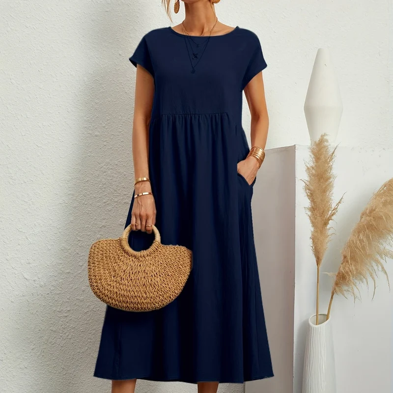 Vestito in tinta unita con tasche, vestito estivo casual a maniche corte con girocollo, abbigliamento donna