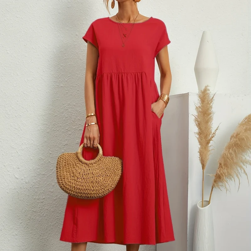 Vestito in tinta unita con tasche, vestito estivo casual a maniche corte con girocollo, abbigliamento donna