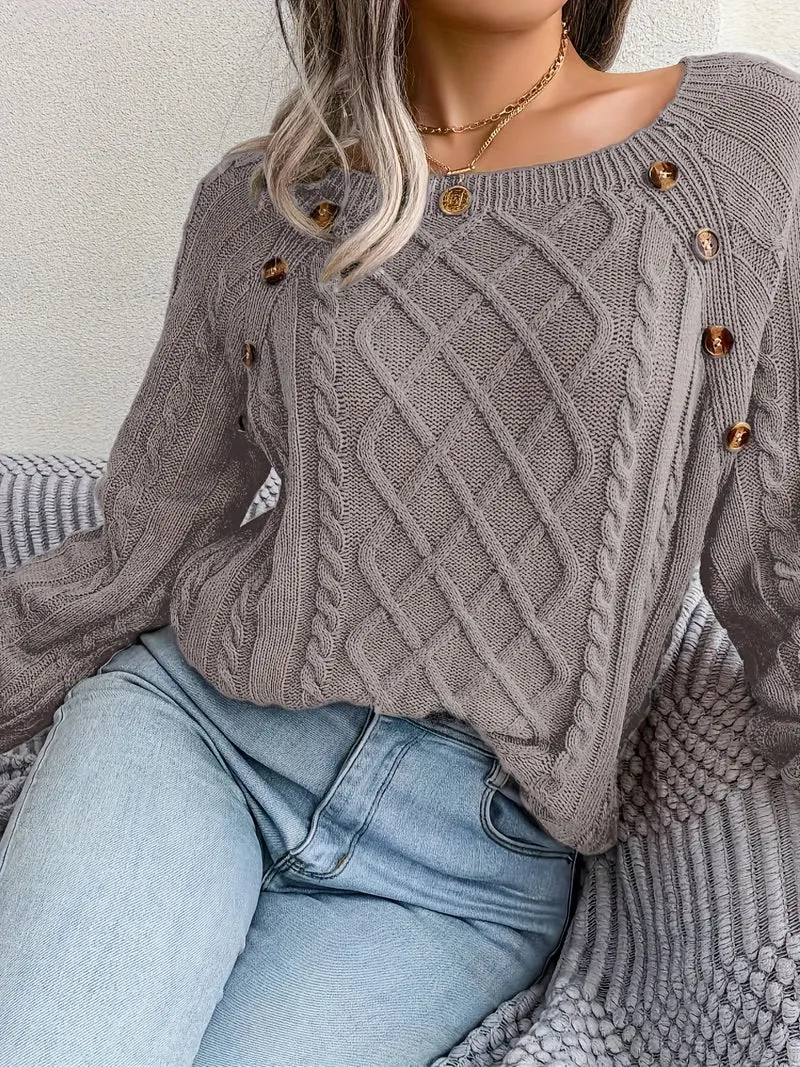 Maglione Lavorato A Maglia A Trecce Solido, Maglione A Maniche Lunghe Girocollo Casual, Abbigliamento Femminile