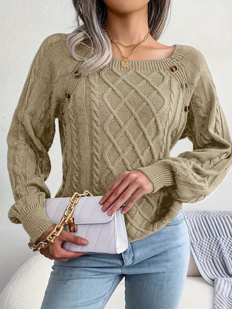 Maglione Lavorato A Maglia A Trecce Solido, Maglione A Maniche Lunghe Girocollo Casual, Abbigliamento Femminile