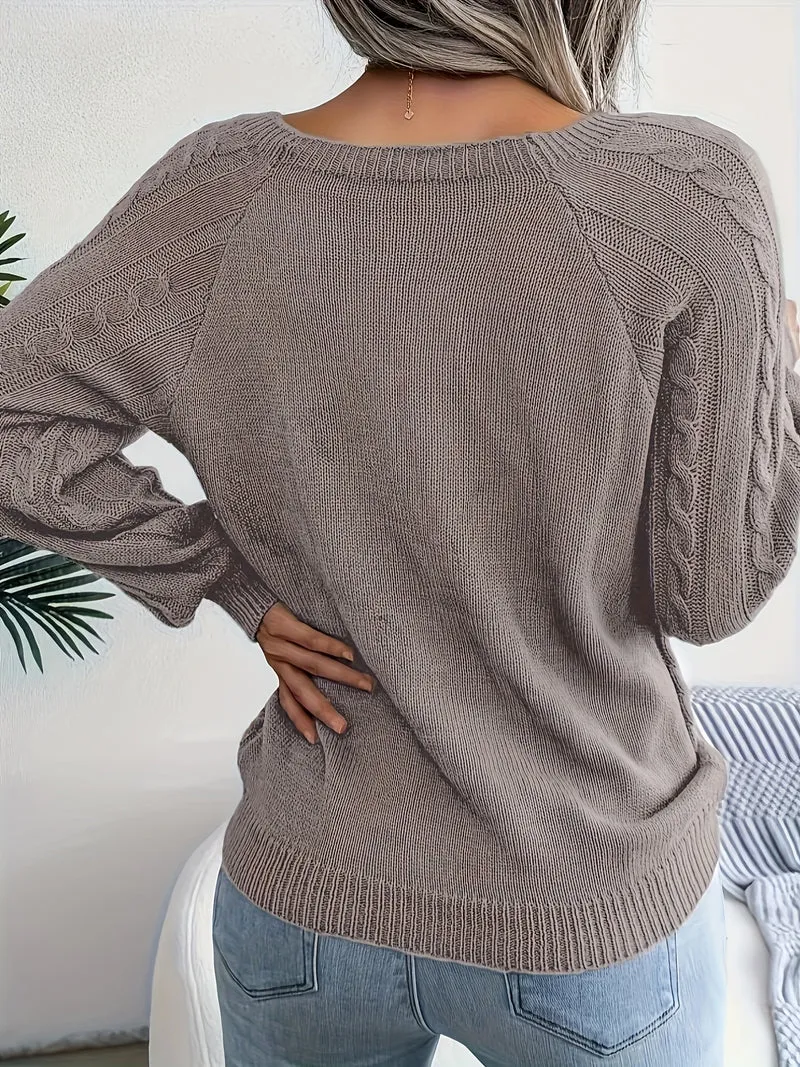 Maglione Lavorato A Maglia A Trecce Solido, Maglione A Maniche Lunghe Girocollo Casual, Abbigliamento Femminile