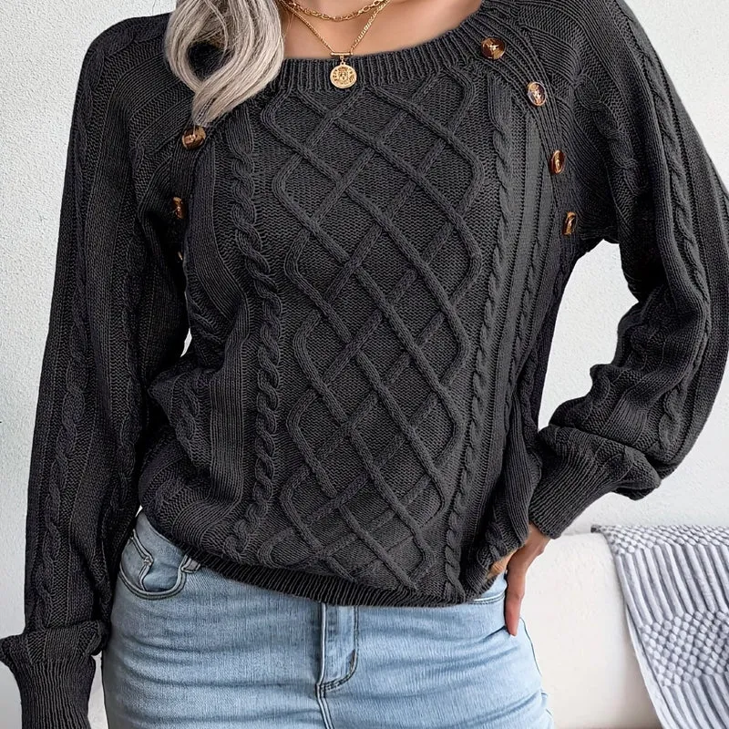 Maglione Lavorato A Maglia A Trecce Solido, Maglione A Maniche Lunghe Girocollo Casual, Abbigliamento Femminile