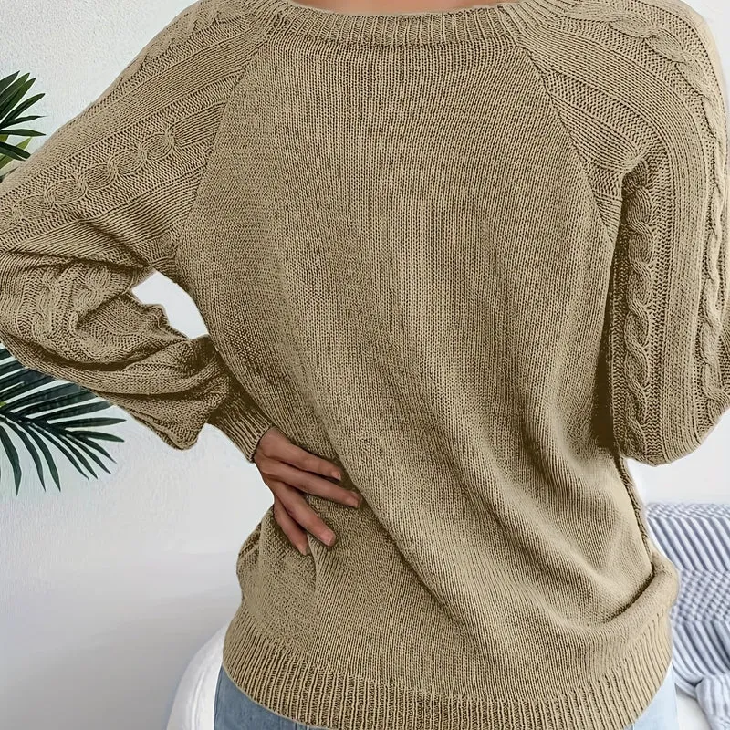 Maglione Lavorato A Maglia A Trecce Solido, Maglione A Maniche Lunghe Girocollo Casual, Abbigliamento Femminile