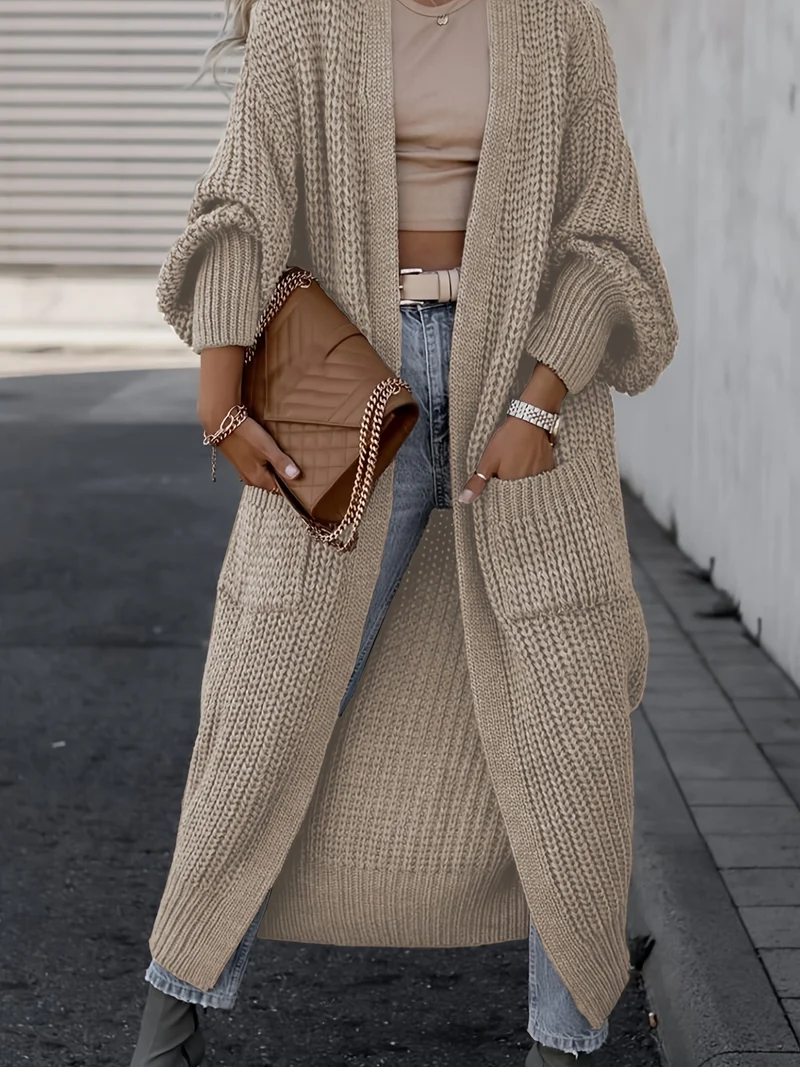 Solido Cardigan Con Tasca Frontale Aperta, Maglione Lungo A Maniche Lunghe Casual Per Autunno E Inverno, Abbigliamento Da Donna