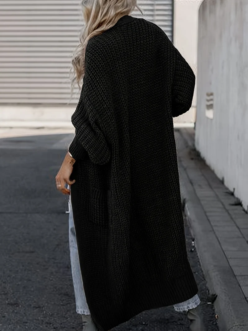 Solido Cardigan Con Tasca Frontale Aperta, Maglione Lungo A Maniche Lunghe Casual Per Autunno E Inverno, Abbigliamento Da Donna