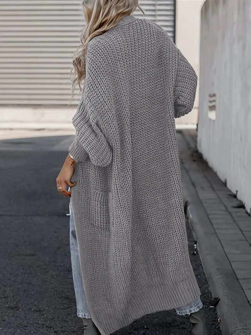 Solido Cardigan Con Tasca Frontale Aperta, Maglione Lungo A Maniche Lunghe Casual Per Autunno E Inverno, Abbigliamento Da Donna