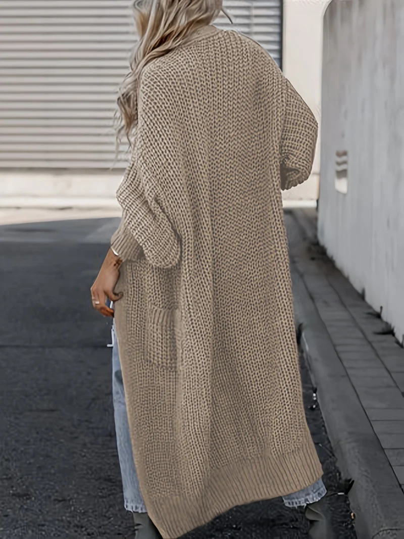 Solido Cardigan Con Tasca Frontale Aperta, Maglione Lungo A Maniche Lunghe Casual Per Autunno E Inverno, Abbigliamento Da Donna