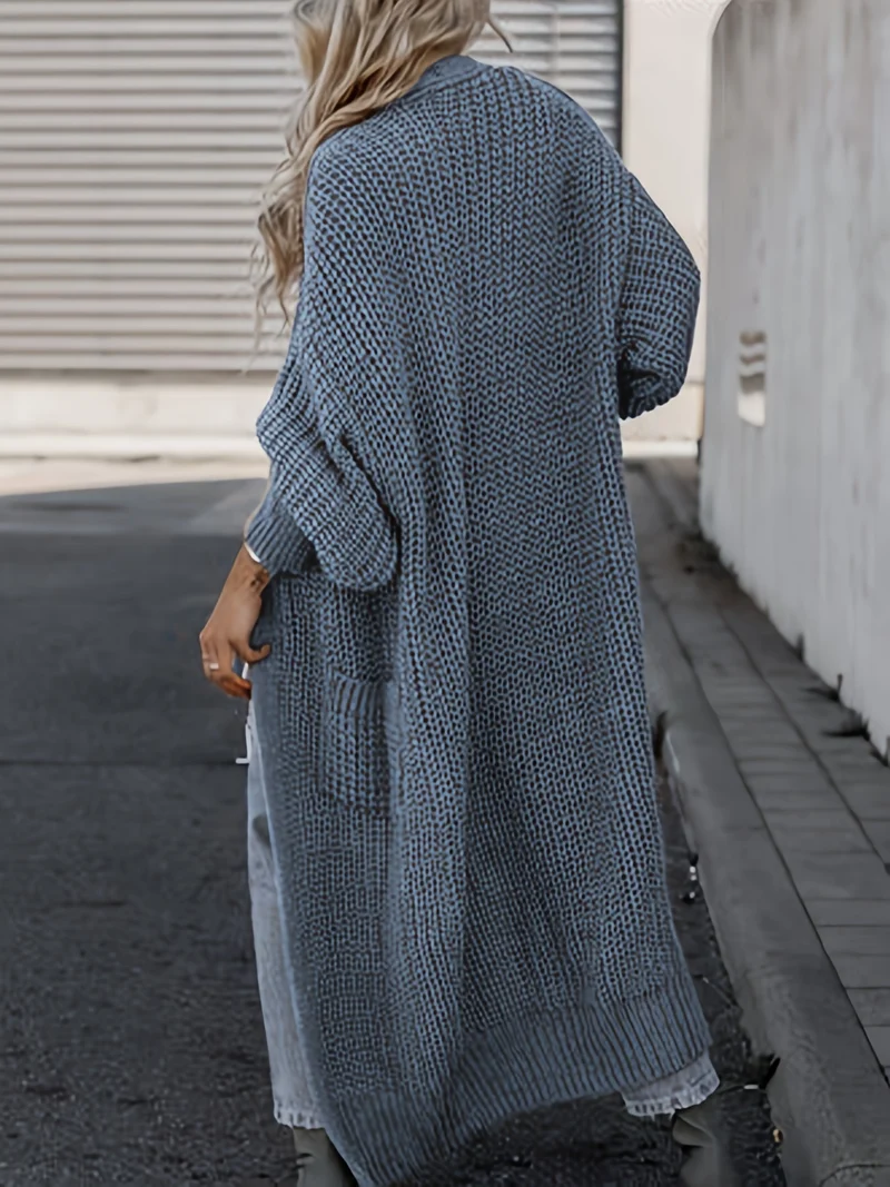 Solido Cardigan Con Tasca Frontale Aperta, Maglione Lungo A Maniche Lunghe Casual Per Autunno E Inverno, Abbigliamento Da Donna